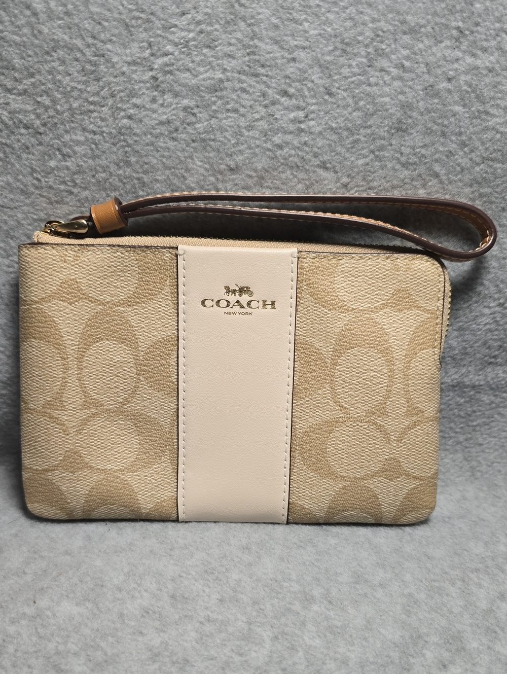 COACH Beige Signature Canvas Wristlet with Cream Chalk Stripe